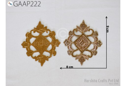 2 Pc Indian Handmade Zardozi Patches Appliques Golden Decorative Dresses Christmas Sewing DIY Crafting Supply Decor Embellishments Cushion