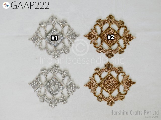 2 Pc Indian Handmade Zardozi Patches Appliques Golden Decorative Dresses Christmas Sewing DIY Crafting Supply Decor Embellishments Cushion