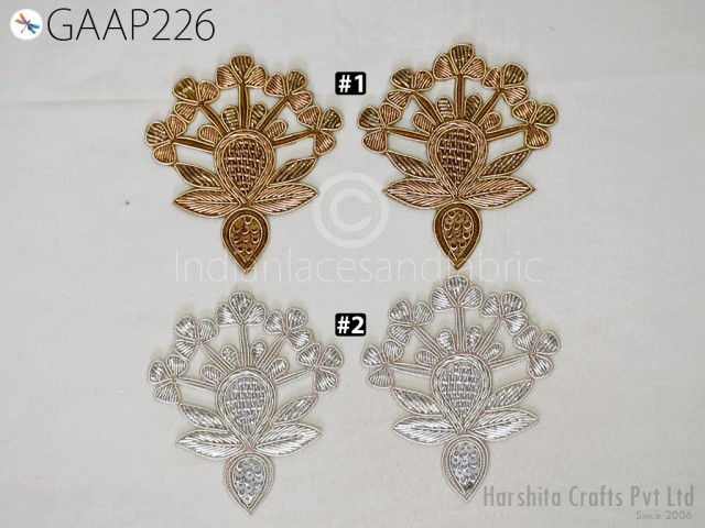 2 Pc Handmade Gown Decorative Golden Zardozi Patches Thread Festive Wear Dresses Appliques Embroidered Indian Applique Sewing DIY Crafting Costume Clothing Garment Accessory