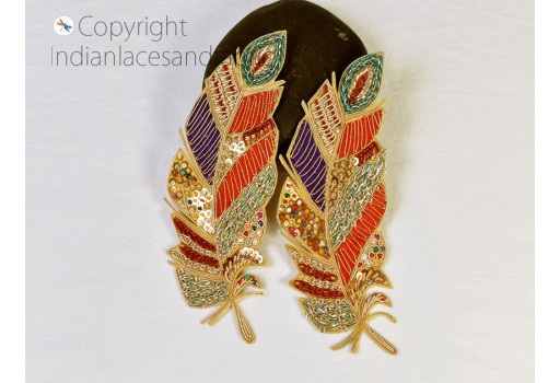 2 Piece Gold Handmade Feather Patches Embroidered Indian Sewing Dresses Handcrafted Beaded Patches Appliques Sewing DIY Crafting Supplies