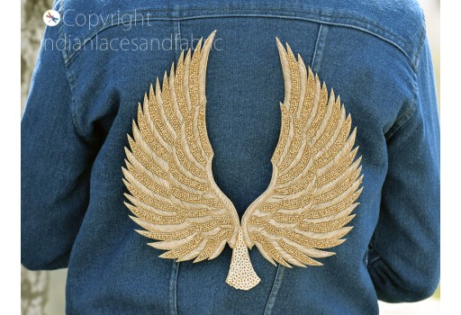 1 Pieces Decorative Zardosi Gold Angle Wings Handcrafted Sequins Work Patches Embroidered DIY Sew on Denim Patch Home Décor Appliques Crafting Cushions Cover Applique Bags Making