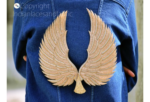 1 Pieces Decorative Zardosi Gold Angle Wings Handcrafted Sequins Work Patches Embroidered DIY Sew on Denim Patch Home Décor Appliques Crafting Cushions Cover Applique Bags Making