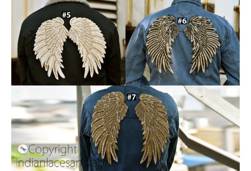 1 Pair Handcrafted Beaded Work Angle Wings Sew on Denim Jackets Patches Embroidered Patch Decorative handmade Indian Crafting Cushions Bags Home Décor Christmas Appliques