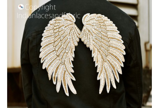 1 Pair Handcrafted Beaded Work Angle Wings Sew on Denim Jackets Patches Embroidered Patch Decorative handmade Indian Crafting Cushions Bags Home Décor Christmas Appliques