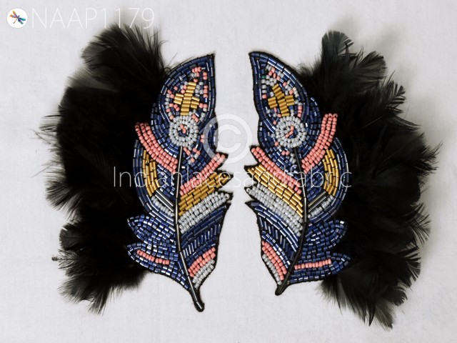 2 Pc Real Feather Patches Beaded Handmade Embroidery Indian Handcrafted Patch DIY Crafting Sewing Dresses Home Decor Costumes Appliques