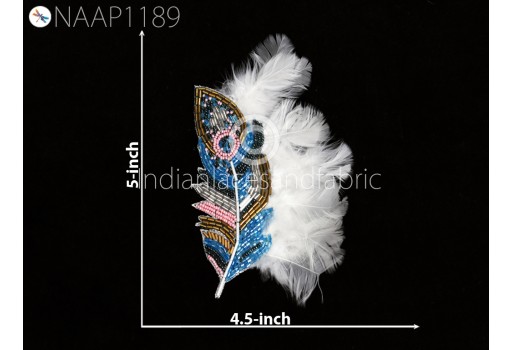 Handmade Embroidery Beaded Patches 2 Pc Real Feather Appliques Indian Handcrafted Patch DIY Crafting Sewing Dresses Home Decor Costumes