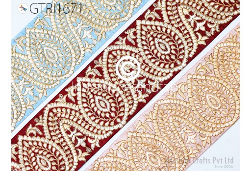 Brown Embroidered Fabric Trim By 3 Yard Saree Border DIY Crafting Sari Ribbon Sewing Tote Bags Home Decor Embellishment Trimmings Costumes