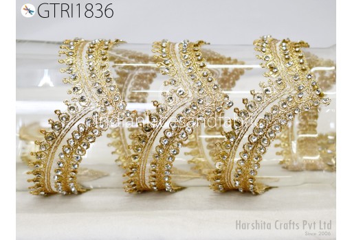 Gold Indian Beaded Trim By 3 yard Rhinestone Ribbon Lehenga Trimmings Christmas Dresses Embellishments Saree Border Bridal Clutches Laces