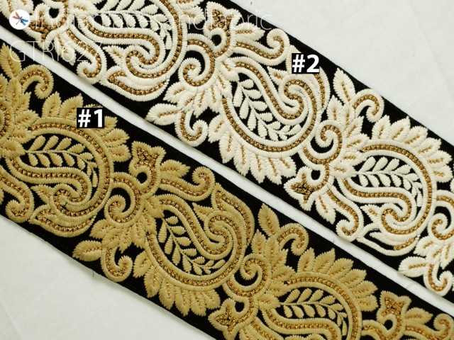 Black Decorative Embroidered Paisley Fabric Trims By 3 Yard Indian Sari Border Sewing DIY Crafting Ribbon table Runners lace accessories Curtain cushion cover tape 