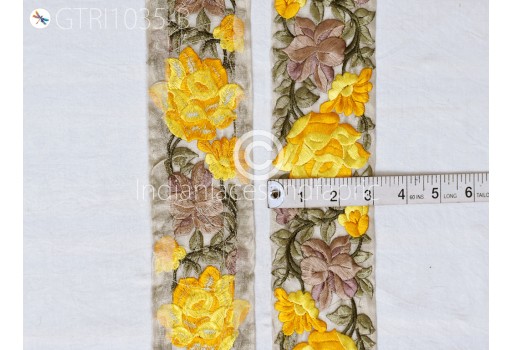 9 Yard Yellow Embroidered Roses Fabric Trim Floral Indian Sari Border Garment Costume Saree Sewing Beach Bags Hats Cushions Cover Trimmings Handcrafting Ribbons
