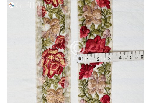 Maroon Embroidered Roses Fabric Trim By The Yard Floral Indian Sari Border Crafting Saree Sewing Beach Bags Hats Cushions Trimmings Ribbons