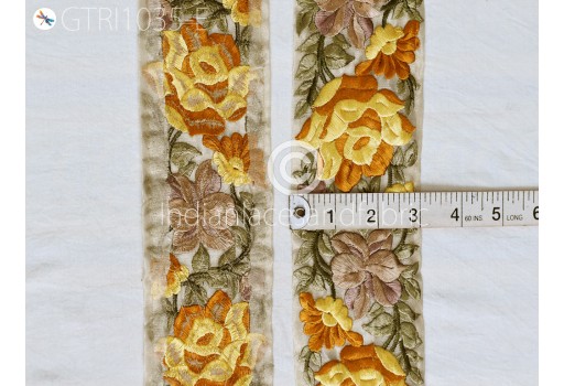 9 Yard Yellow Embroidered Roses Fabric Trim Garment Costume Floral Indian Sari Border Crafting Saree Sewing Beach Bags Hats Cushions Trimming Festival Dresses Ribbon