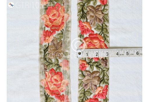 Peach Embroidered Roses Fabric Trim By The Yard Floral Indian Sari Border Crafting Saree Sewing Beach Bags Hats Cushions Trimmings Ribbons