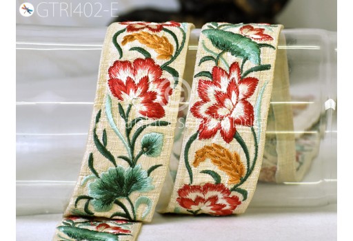 9 yard Indian red floral embroidered saree trim sari embellishment embroidery gown making border sewing crafting cushion cover ribbon home décor table runner trimming