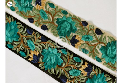 Green Embroidered Fabric Trim By the Yard Decorative Embroidery table runner Ribbon DIY Crafting Sewing Saree Indian Sari Border Home Décor Beach Bags making tape 