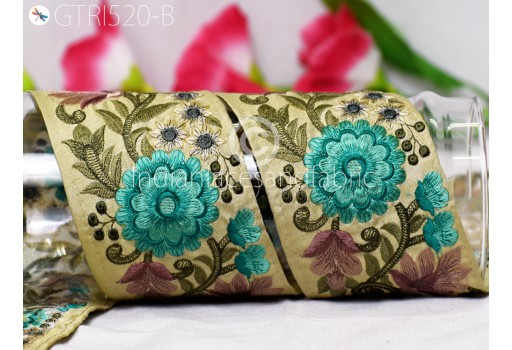 Green Indian embroidered fabric gown trim by 3 yard saree crafting ribbon festival wear sari border sewing quilting decorative curtains pillow cover floral laces