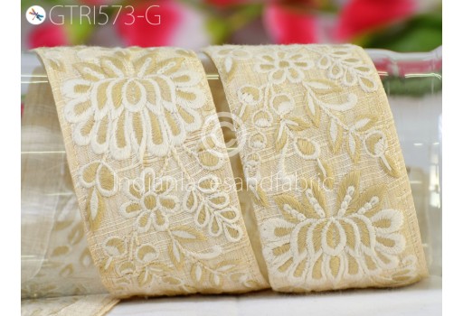 Ivory Indian embroidered fabric trim by 3 yard embroidery embellishments tapes crafting sewing saree lace decorative sari border home décor hats making ribbons