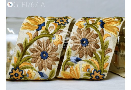 9 Yard Yellow Embroidered Fabric Trim Crafting Saree Sewing Decorative Lace Beach Bag Cushions Trimming Costume Bridal Clutches Ribbons Embellishment Floral Indian Sari Border