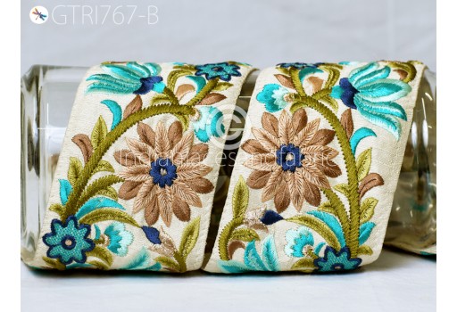 Blue Embroidered Fabric Trim By 3 Yard Floral Indian Sari Border DIY Crafting Saree Sewing Decorative Beach Bag Cushions Trimmings Ribbons