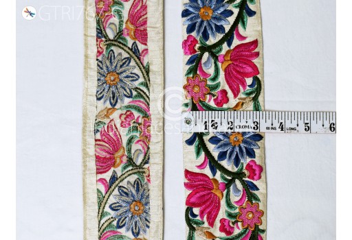 Magenta Embroidered Fabric Trim By The Yard Crafting Saree Sewing Decorative Beach Bag Cushions Trimmings Floral Indian Sari Border Ribbons