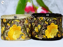 Indian Yellow Embroidered Trim By 3 Yard Decorative Floral Ribbon Embellishment Sewing Indian Sari Border Home Decor DIY Headband Crafting