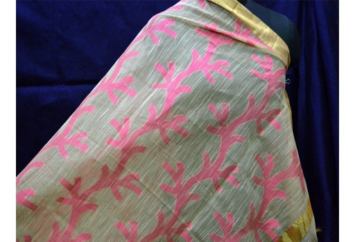 Indian beige and fuchsia color cotton brocade dupatta women fashion accessories stoles decorative leaf pattern beautiful designer scarfs bridesmaid evening shawls and wraps for party wear