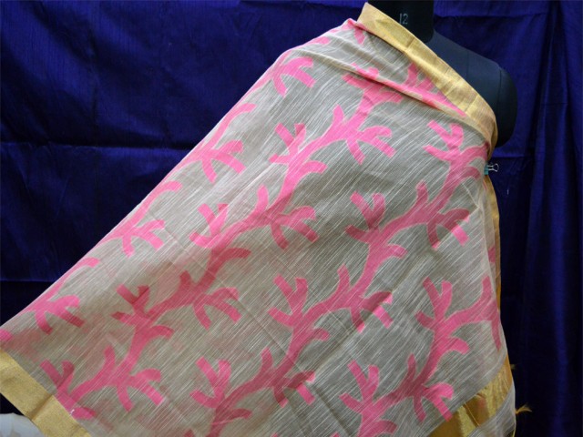Indian beige and fuchsia color cotton brocade dupatta women fashion accessories stoles decorative leaf pattern beautiful designer scarfs bridesmaid evening shawls and wraps for party wear