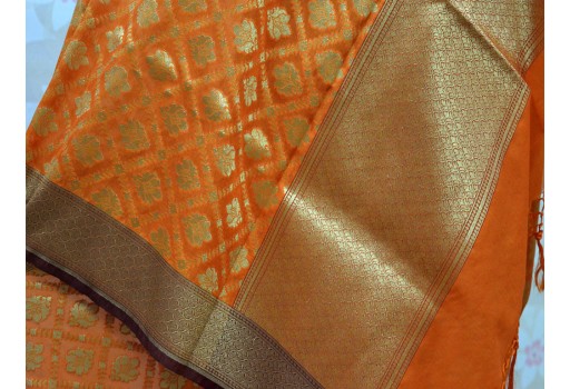 Orange gold  banarasi wedding designer dupatta indian brocade silk scarfs women fashion accessories stoles christmas birthday gifts long scarves and wraps boho bridesmaid evening scarf for ladies Party Wear