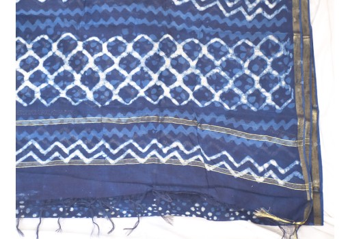Blue Indian Hand Block Print Chanderi Cotton Scarves Dupatta Handmade Pareo Printed Bikini Cover Sarong Women Summer Wear Beach Coverup