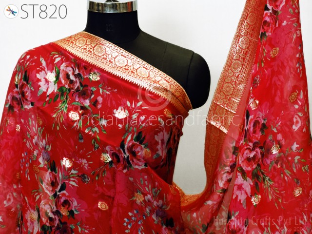Red Printed Organza Dupatta Golden Zari Brocade Stole Indian Printed Head Scarf Crafting Sewing Wedding Dress Costume Gift for Her Bridal Veil Chunni