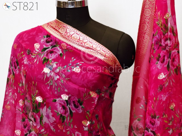 Magenta Printed Organza Dupatta Indian Head Scarf Crafting Sewing Brocade Wedding Dress Stoles Costume Gift for Her Bridal Veil Chunni
