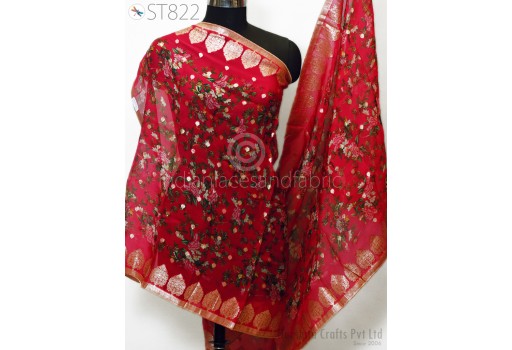 Floral Printed Red Organza Dupatta Brocade Golden Designer Stoles Indian Head Scarf Crafting Sewing Wedding Dress Costume Bridal Veil Chunni