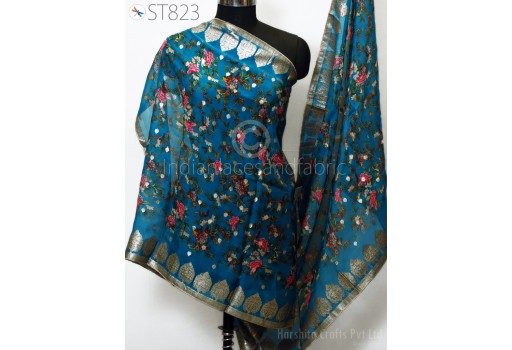 Teal Blue Dresses Organza Dupatta Indian Brocade Stole Golden Printed Head Scarf Crafting Sew Wedding Dress Costume Gift for Her Bridal Veil Doll Making Chunni