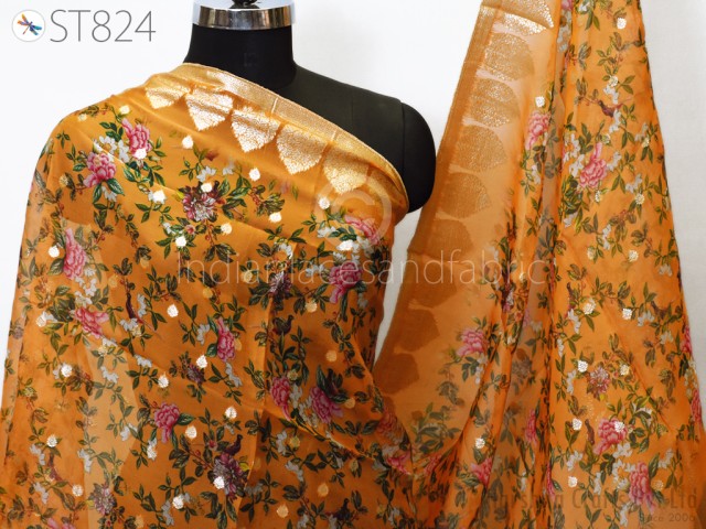 Floral Printed Dupatta Brocade Golden Organza Chunni Indian Printed Head Scarf Crafting Wedding Dress Costume Gift for Her Bridal Veil Stoles