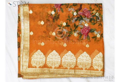 Floral Printed Dupatta Brocade Golden Organza Chunni Indian Printed Head Scarf Crafting Wedding Dress Costume Gift for Her Bridal Veil Stoles