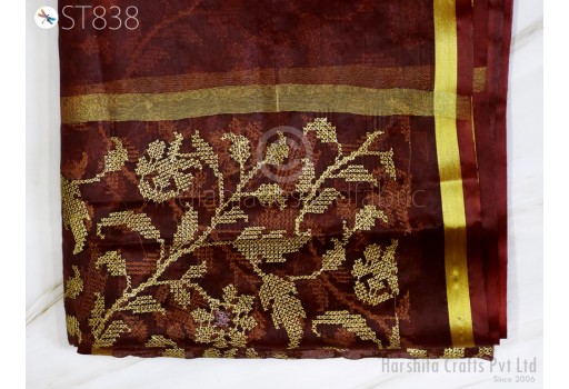 Embroidered Brown and Gold Organza Dupatta 2.3 Yard Long Stole Indian Head Scarf Crafting Sewing Wedding Dress Costume Doll Making Gift for Her Bridal Veil Chunni