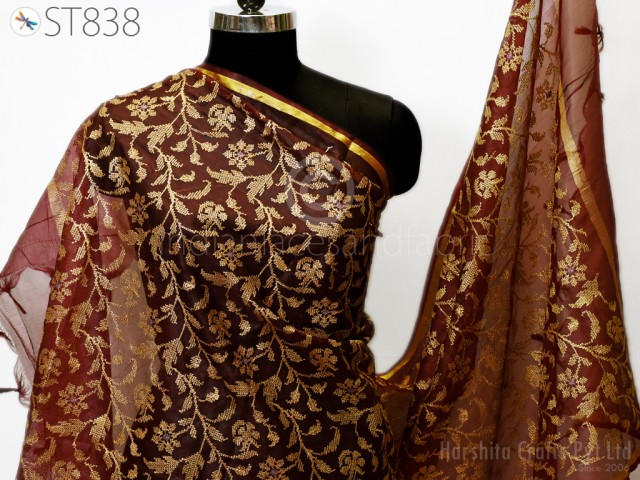 Embroidered Brown and Gold Organza Dupatta 2.3 Yard Long Stole Indian Head Scarf Crafting Sewing Wedding Dress Costume Doll Making Gift for Her Bridal Veil Chunni