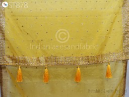 Yellow Dupatta Organza Indian Bridal Wedding lehenga Chunni Veil Gold Sequin Tassels Scarf Fabric Crafting Dresses Costumes Gift for Her