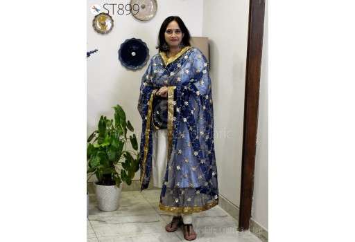 Blue Indian Wedding Dupatta Embroidered Net Long Dupatta Chuni Bridal Veil Lehenga Embroidery Stoles Punjabi Dress Chunni Head Scarf Women