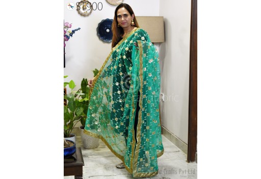 Embroidered Net Dupatta Sea Green Indian Wedding Dupatta Chuni Bridal Veil Lehenga Embroidery Long Stoles Punjabi Chunni Head Scarf Women