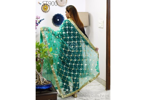 Embroidered Net Dupatta Sea Green Indian Wedding Dupatta Chuni Bridal Veil Lehenga Embroidery Long Stoles Punjabi Chunni Head Scarf Women