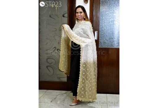 Fawn Organza Dupatta Light Dupatta Embroidered Indian Bridal Wedding lehenga Chunni Veil Sequin Scarf Crafting Dress Costumes Gift for Her