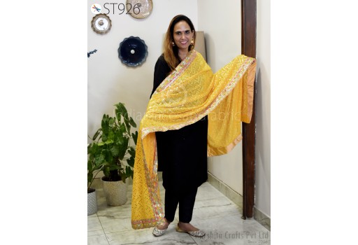 Yellow Georgette Mirror Dupatta Bridal Wedding Lehenga Heavy Chunni Indian Handcrafted Veil Sequin Scarf Dresses Gift Her Bridesmaid
