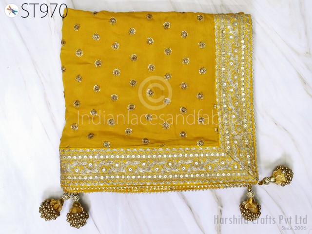 Handcrafted  Women Dupatta Yellow Chiffon Bridal Wedding lehenga Heavy Chunni Veil Gota Patti Sequin Scarf Indian Fabric Dress Gift Her Bridesmaid.