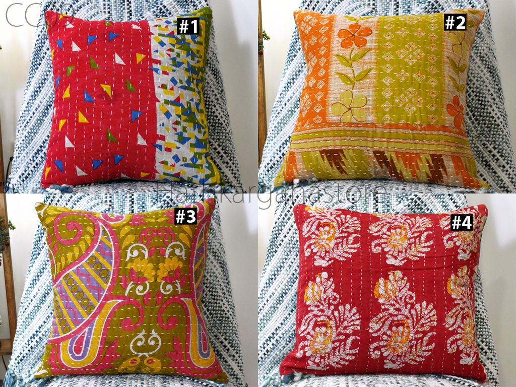Vintage Kantha Cushion Covers 16x16 Floral Handcrafted Block Printed Sofa  Cushion Covers Indian Decorative Home