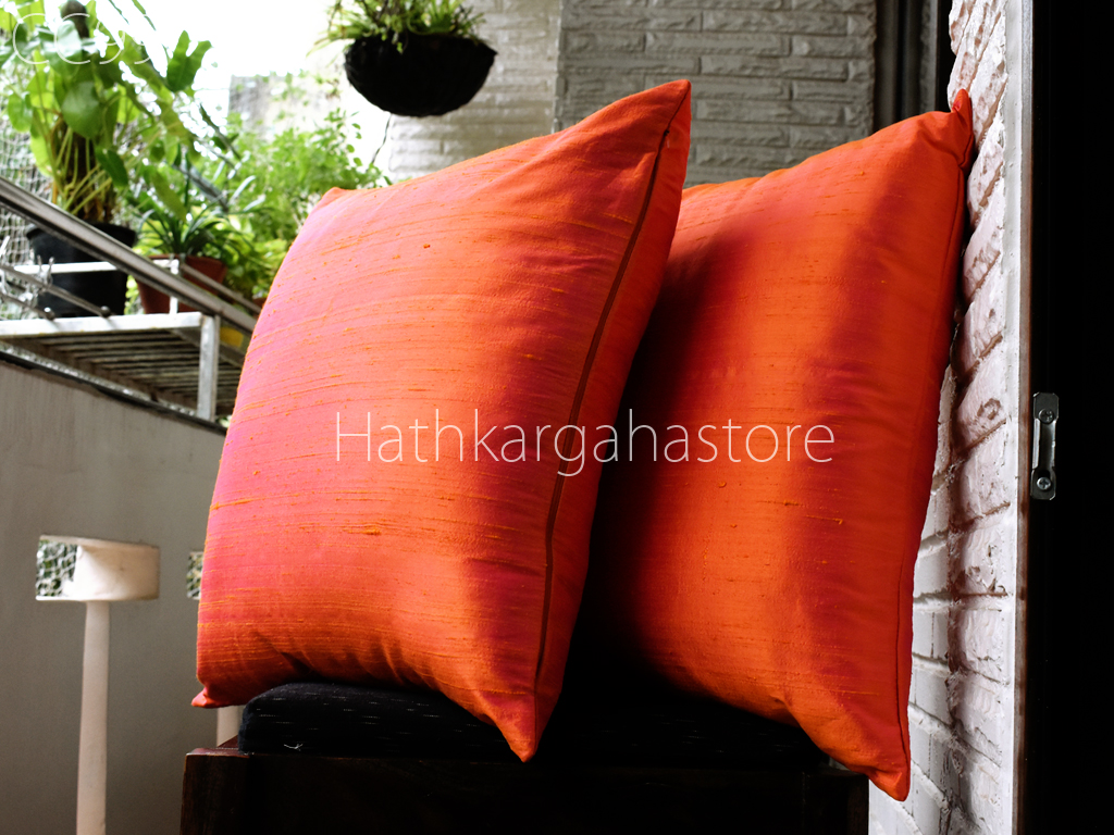 Indian Orange Hot Pink Dupioni Pure Silk Cushion Cover Handmade Throw Pillow Decorative Home Decor Silk Pillow..