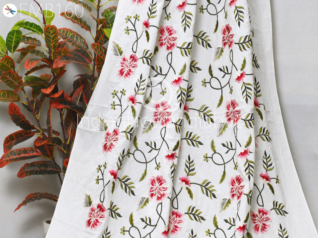 Floral Embroidered Cotton Fabric by the Yard Indian Embroidery Sewing DIY  Crafting Women Summer Dresses Costumes Tote Bag Home Decor Curtain 
