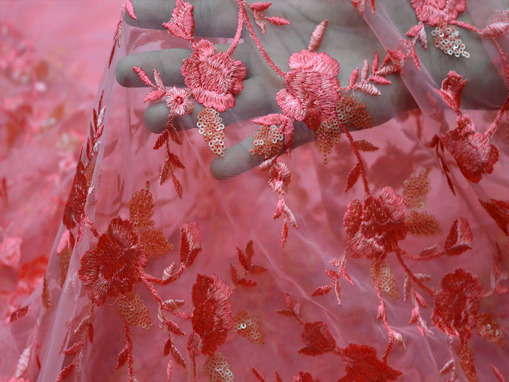 Coral Red Net Tulle Embroidery Fabric Floral Kids' crafts wedding wear Gown
