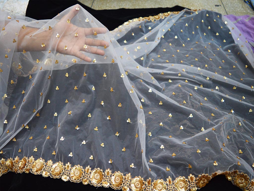 2.5 Yard dye-able embroidered net gold fabric for bridal wear dupatta fabric tulle saree making dress fabric women Indian dupatta making fabric occassion wear crafting material wedding dress costumes heavy embroidery dupatta fabric 
