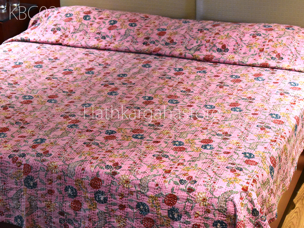 Hippie Pink Cotton Kantha Bedspread Throw With Matching Pillow Bedding Coverlets Queen Handmade Kantha ThrowBlanket Reversible Indian Quilts